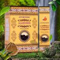 Ayurvedic Agarwood incense packaging with green leaves and rock in the background