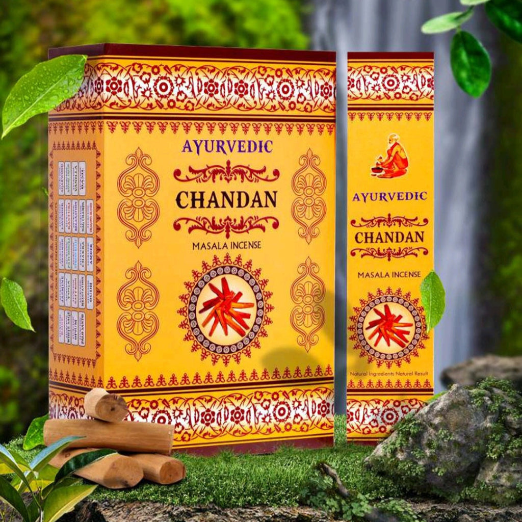 Ayurvedic Chandan incense packaging with natural elements