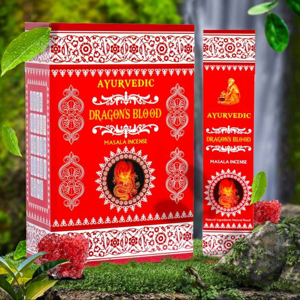 Ayurvedic Masala Incense Dragon Blood packaging with greenery in the background
