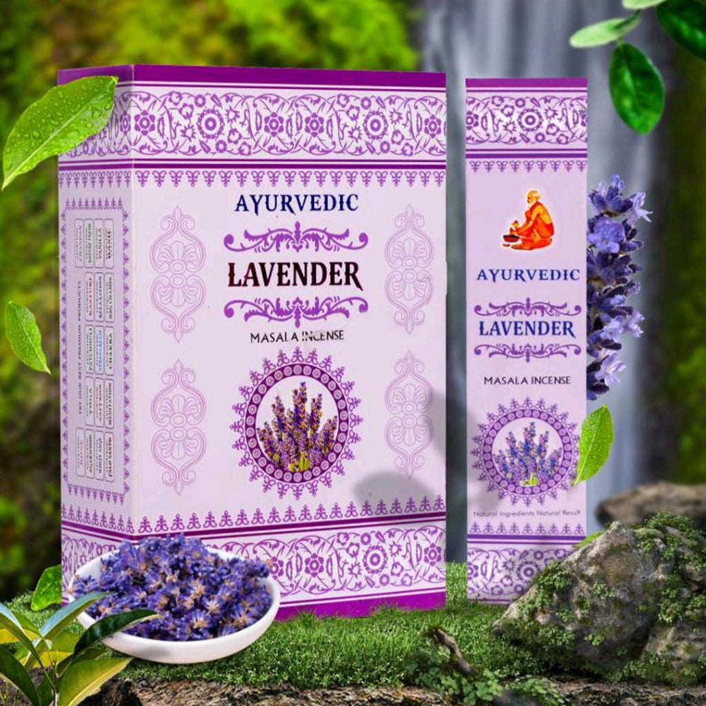 Ayurvedic Lavender incense packaging with lavender flowers and greenery in the background