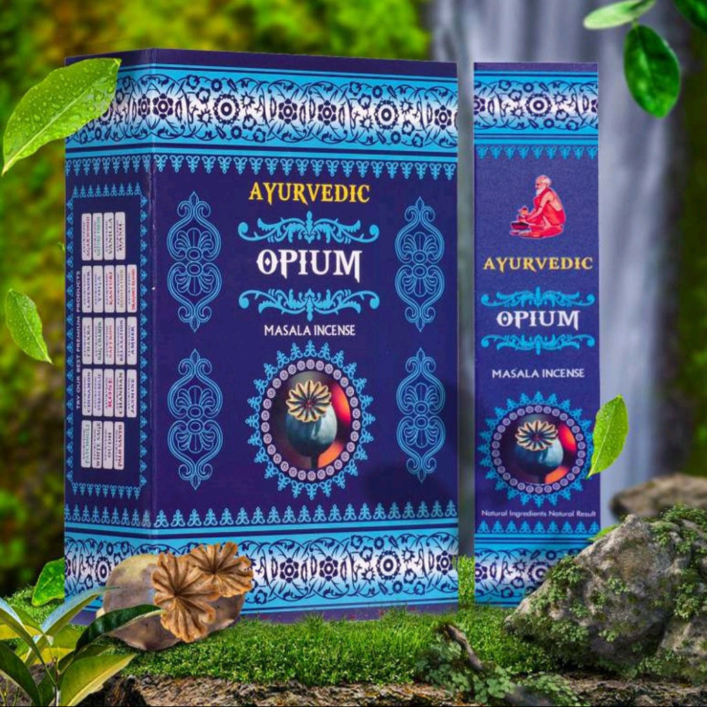Ayurvedic Opium incense packaging with nature-themed background