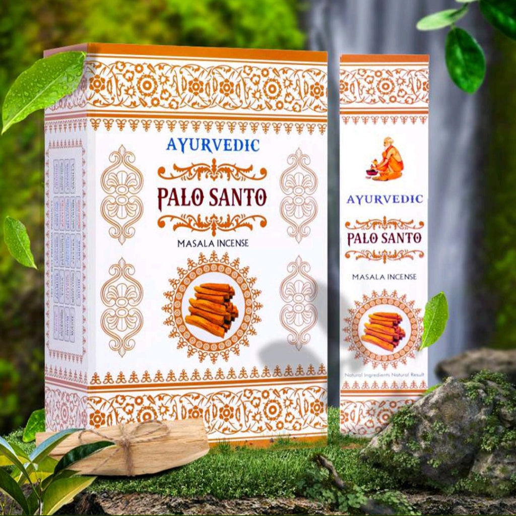 Ayurvedic Palo Santo incense packaging with nature-themed background