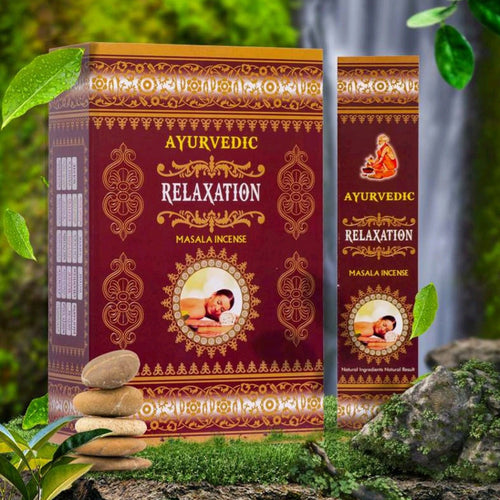 Ayurvedic Relaxation masala incense packaging with nature elements