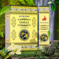 Ayurvedic Vanilla Masala Incense packaging with green leaves and flowers in the background