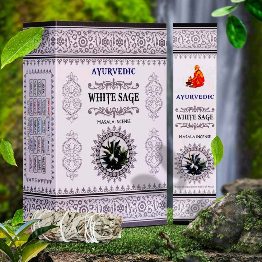 Ayurvedic White Sage incense packaging with green foliage in the background