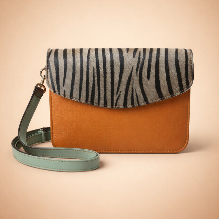 Orange crossbody bag with zebra pattern strap on a beige background