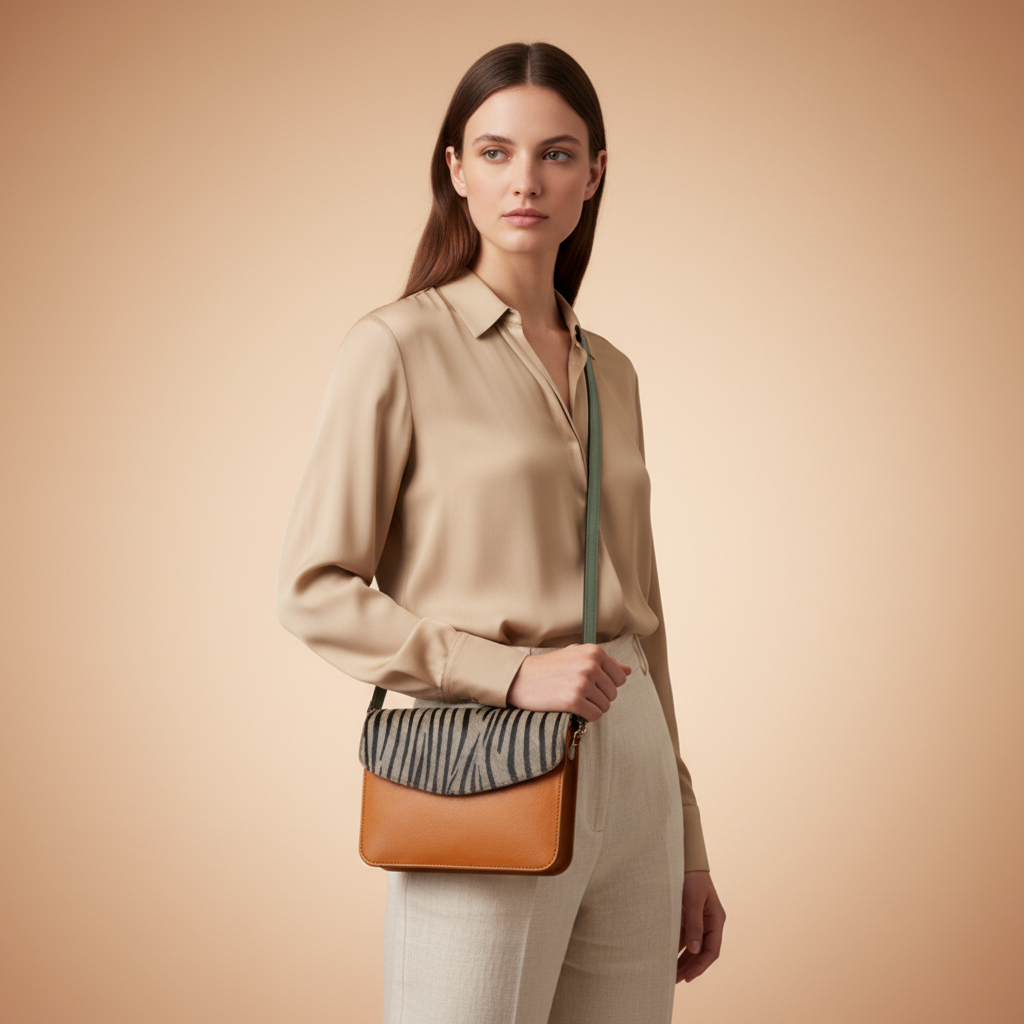 Woman holding a brown leather crossbody bag against a beige background