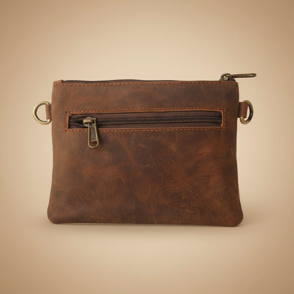 Brown leather pouch with a zipper on a white background