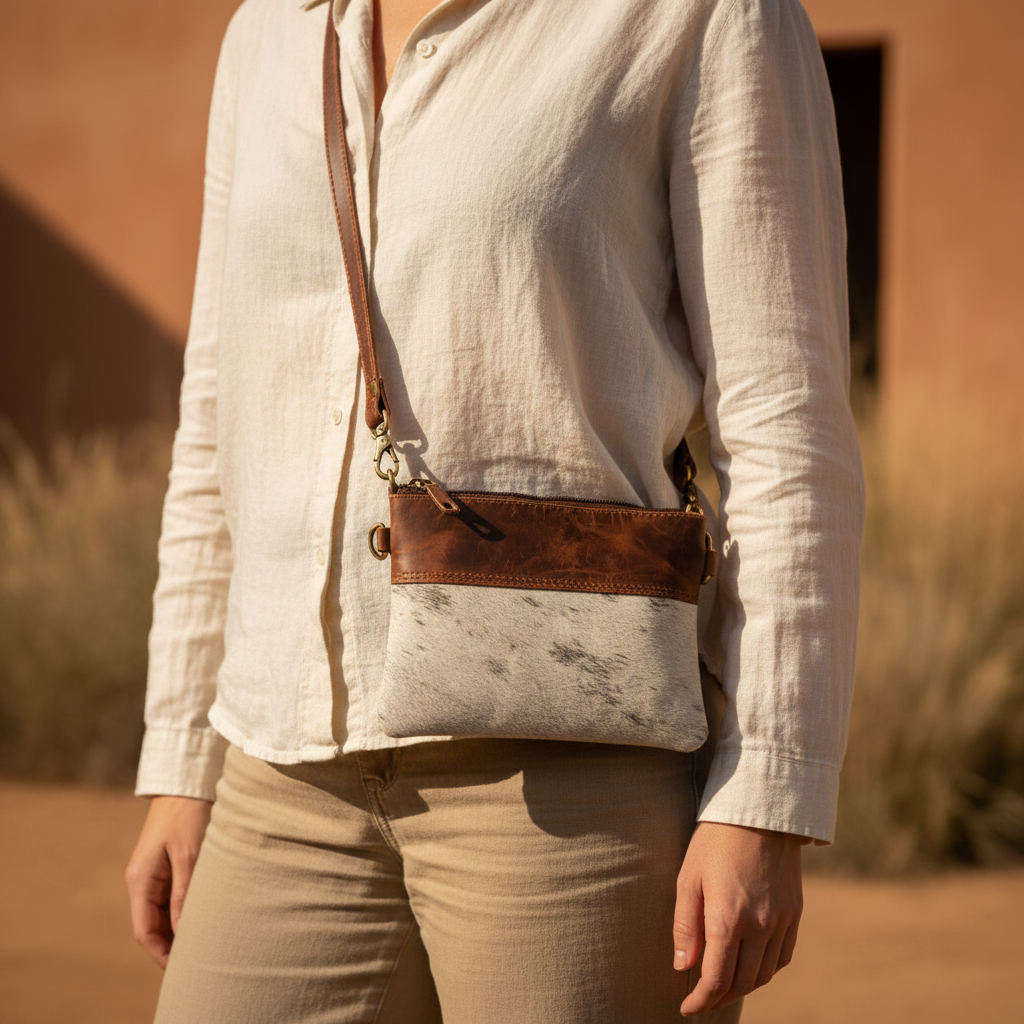 Person wearing a beige shirt and brown pants with a brown leather crossbody bag in a desert setting