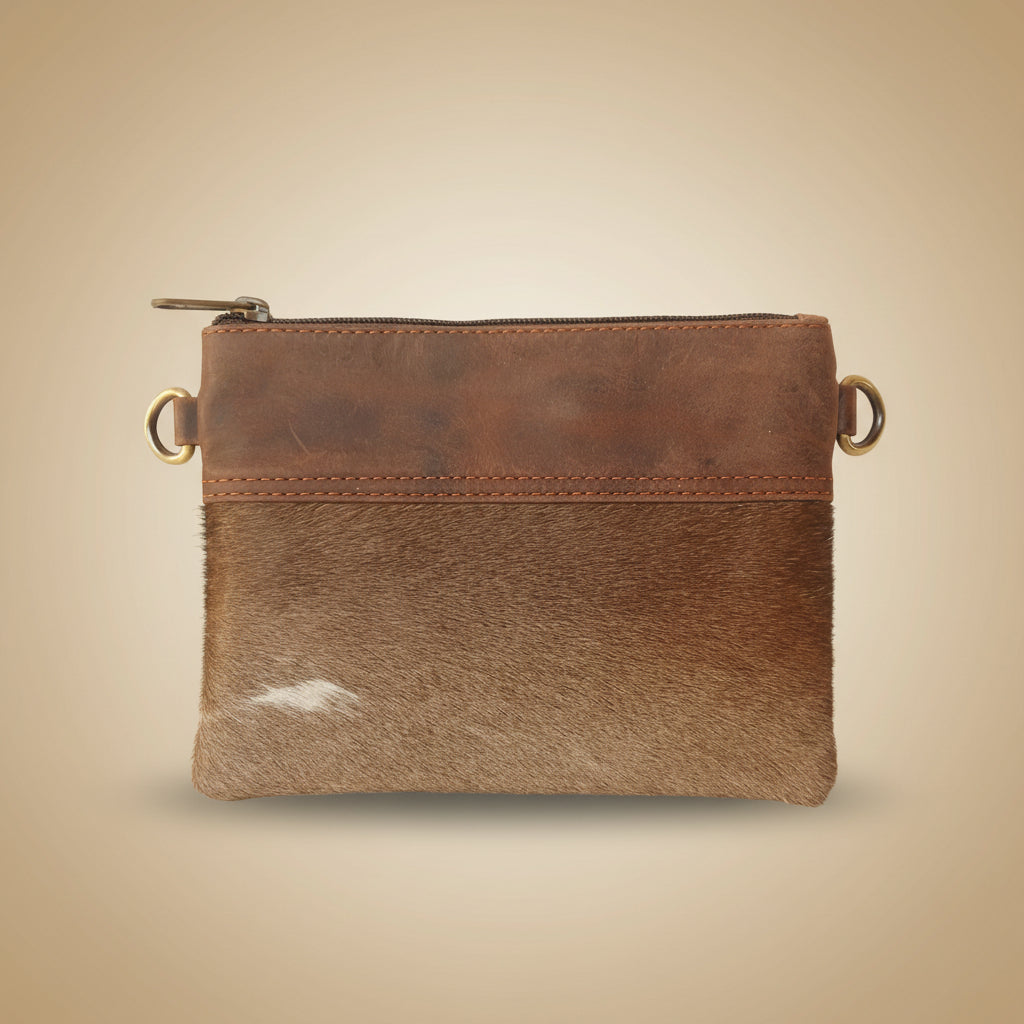 Brown leather pouch with gold zipper on a light gray background