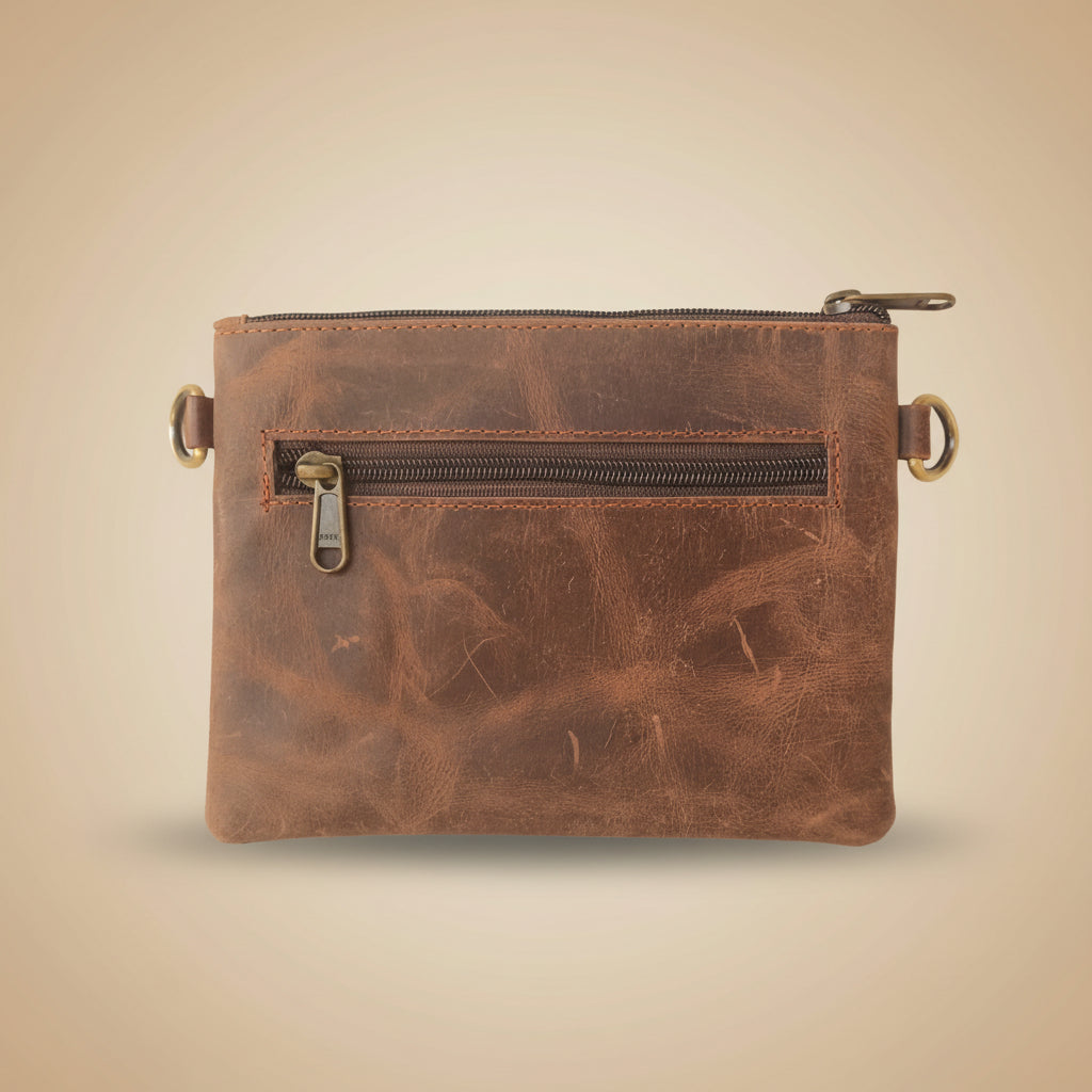 Brown leather pouch with a zipper on a light gray background