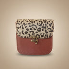 Leopard print wallet with a red flap on a white background