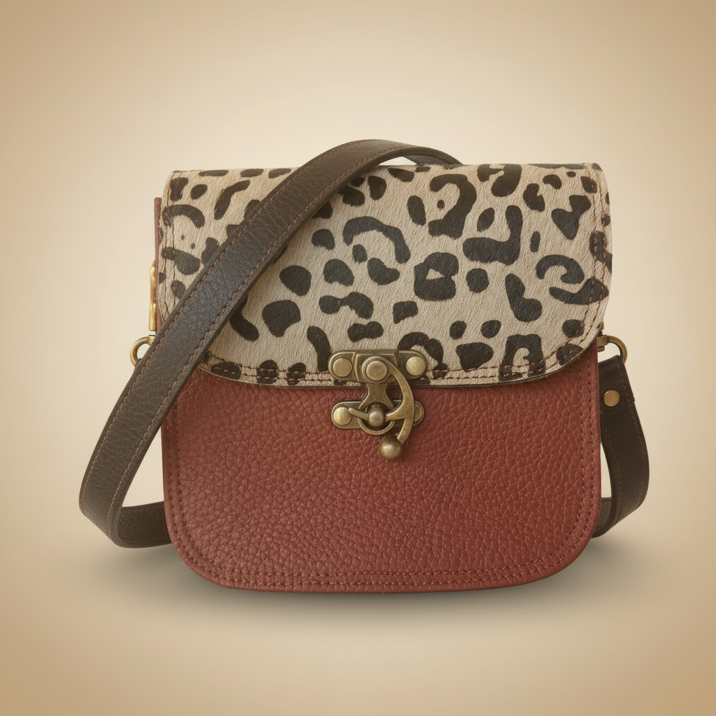 Leopard print wallet attached to a red leather case on a light gray background