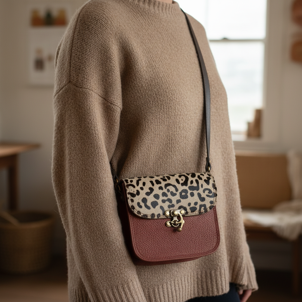 Person wearing a beige sweater with a crossbody bag featuring a leopard print strap.