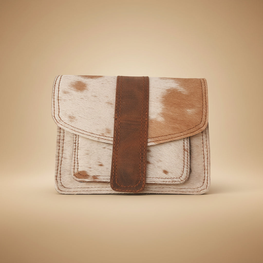Vintage-style leather wallet with brown strap on a textured gray background