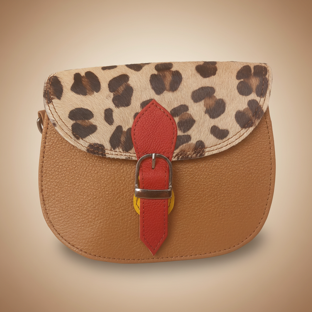 Leather pouch with leopard print flap and red buckle on a light gray background