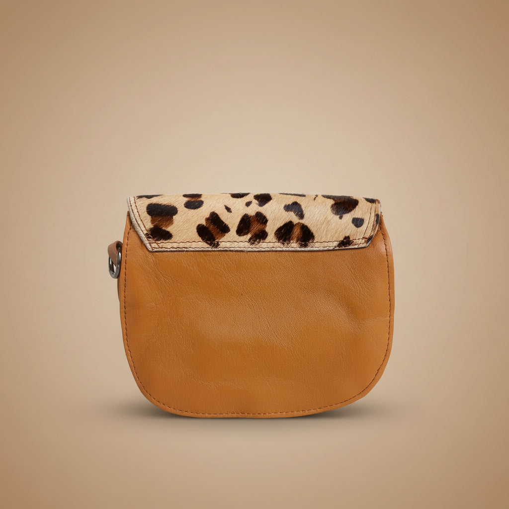 Brown leather pouch with leopard print strap on a light gray background