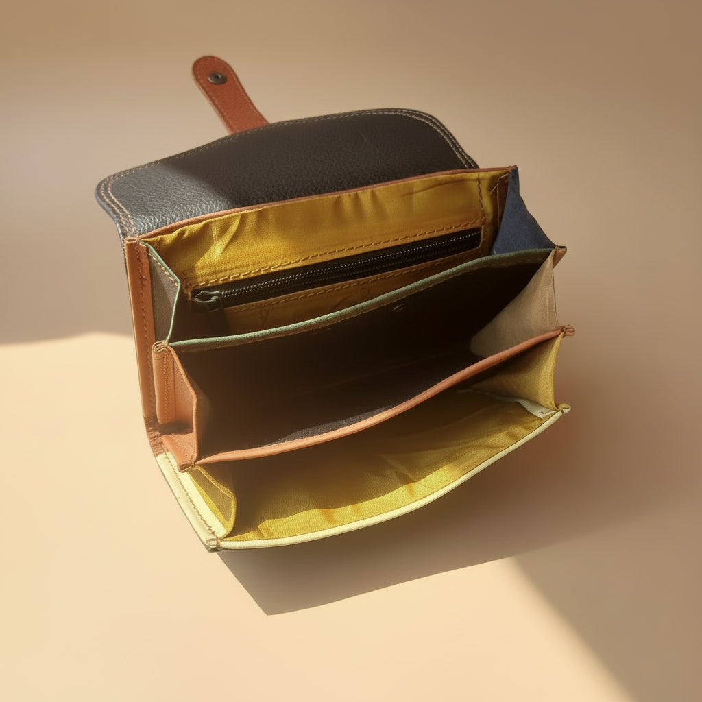 Open leather wallet with visible interior on a beige background