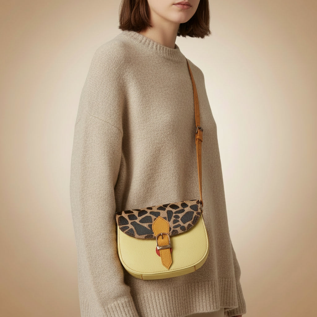 Leather handbag with leopard print top flap on a beige background