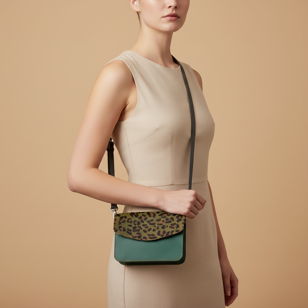Woman holding a crossbody bag with leopard print and green color on a beige background