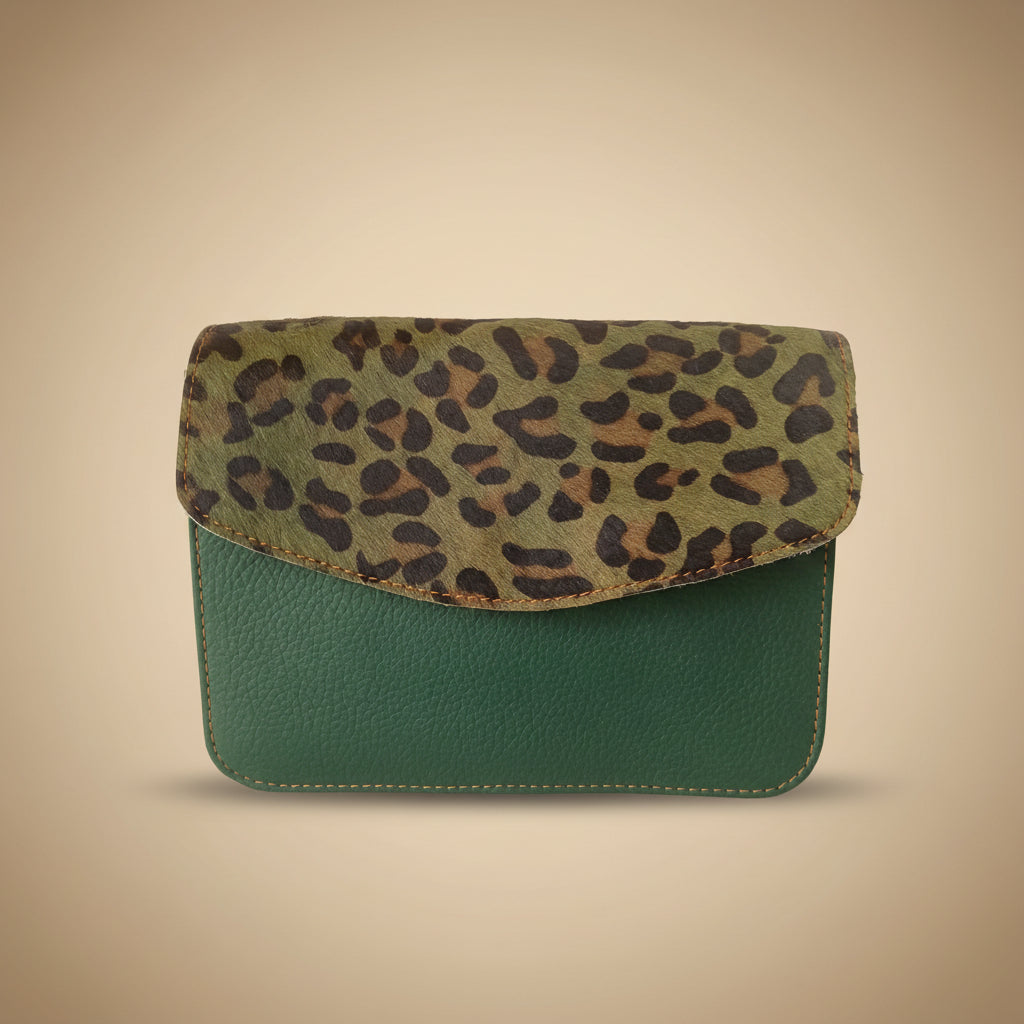 Leather wallet with leopard print flap on a white background