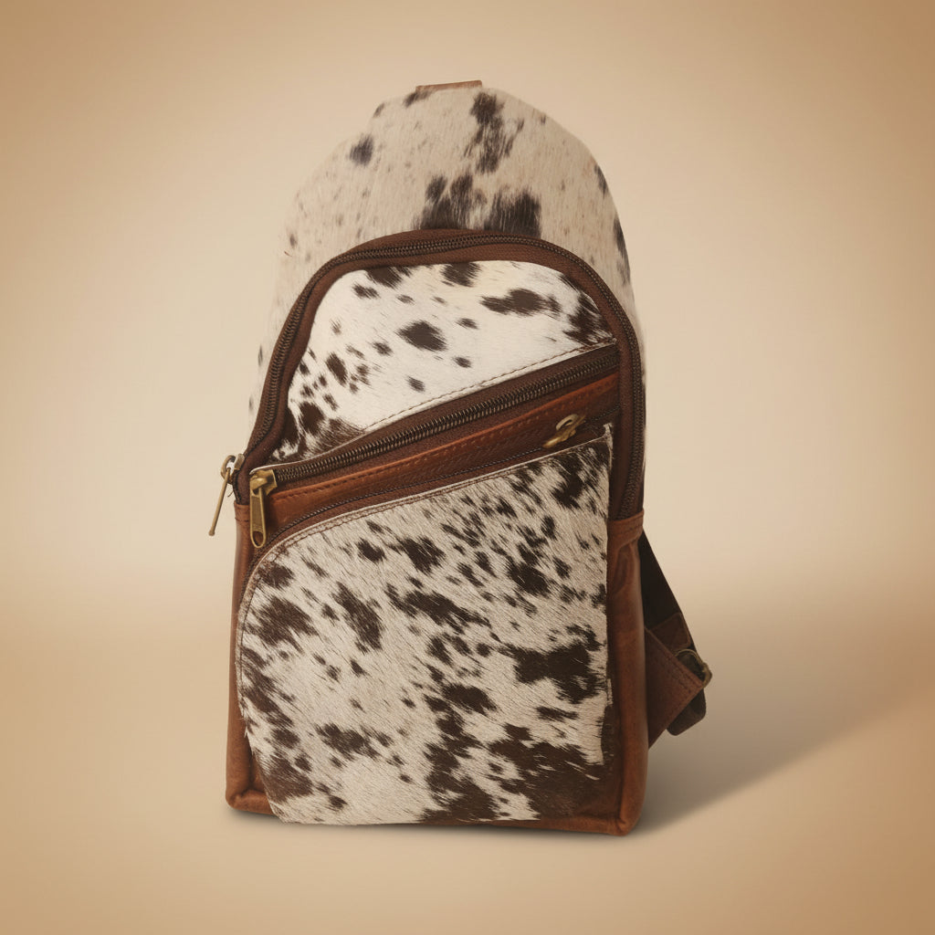 Bag with cow print pattern on a white background