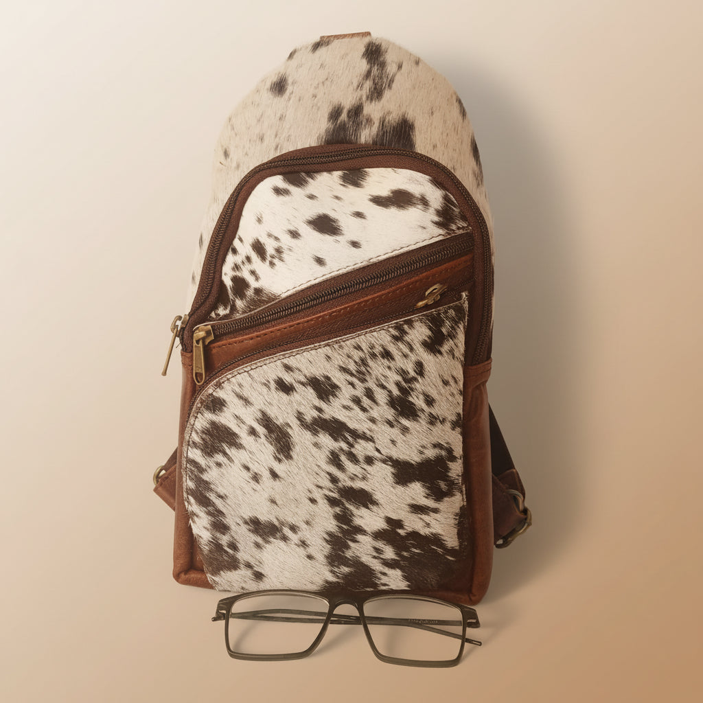 Cow print bag with a zipper and glasses on a white background