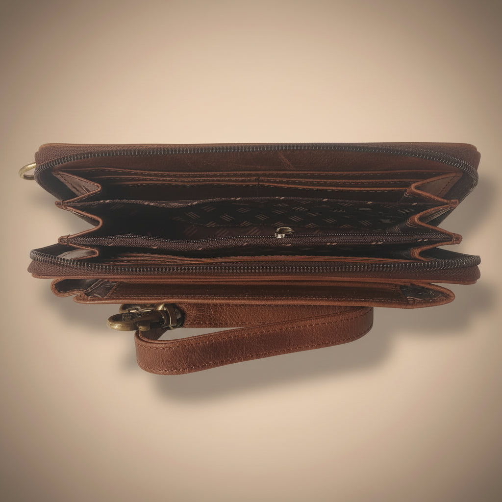 Brown leather wallet on a white background
