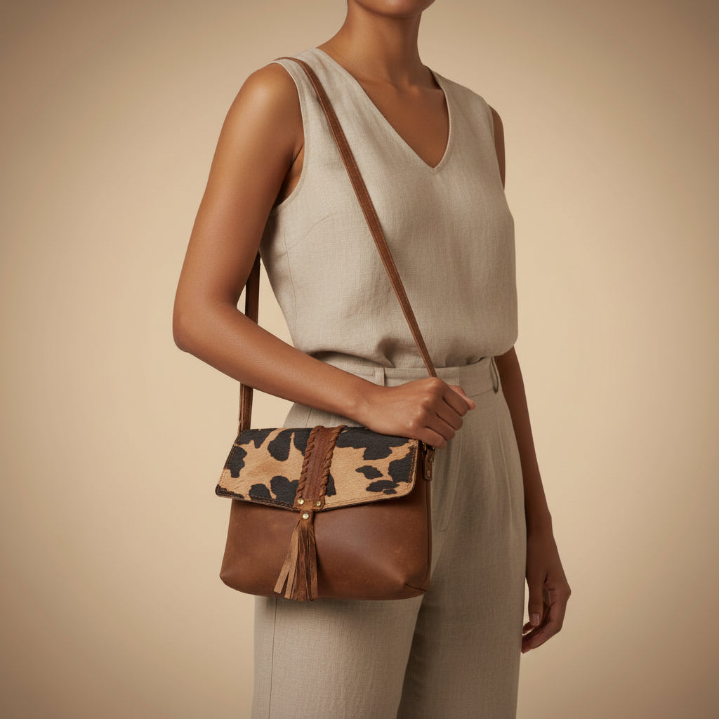 Brown leather handbag with leopard print flap on a beige background