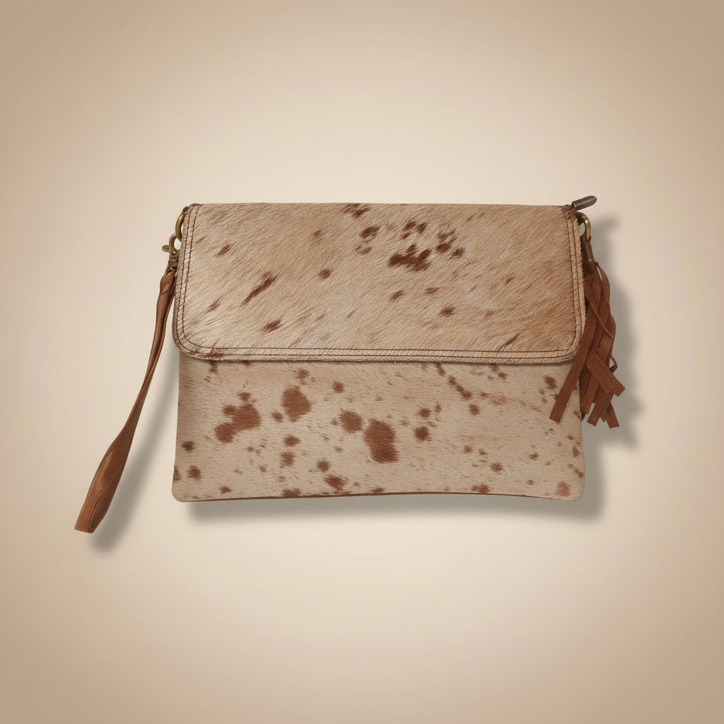 Cow print clutch bag with brown accents on a white background