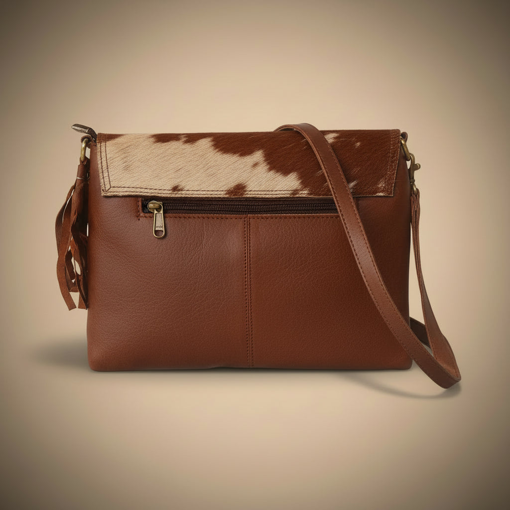 Brown leather clutch with cowhide pattern on a white surface