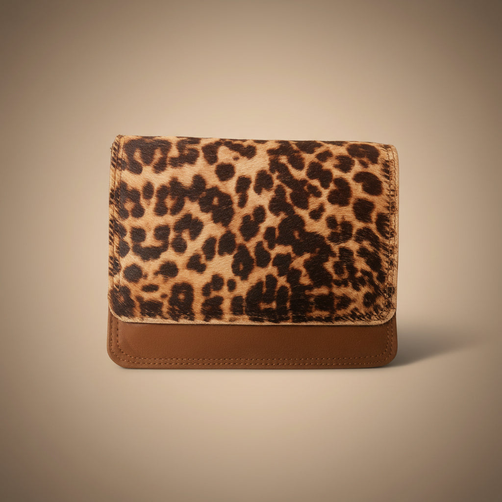 Leopard print wallet with brown base on a black background