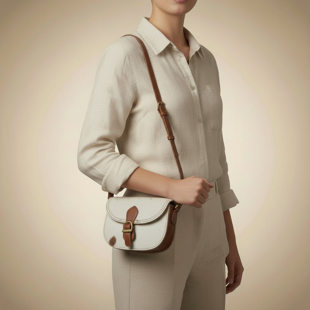 Light gray leather bag with brown strap and buckle on a beige background