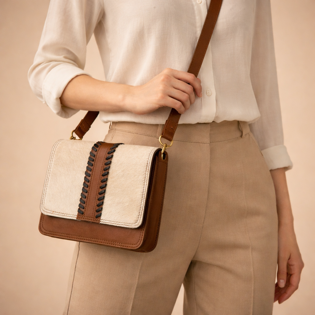 Cowhide & Leather Crossbody Bag – Handcrafted Minimal Design – 04