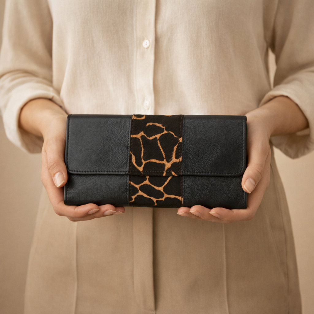 Cowhide & Leather Clutch Wallet – Handmade Black Leather Purse – 02