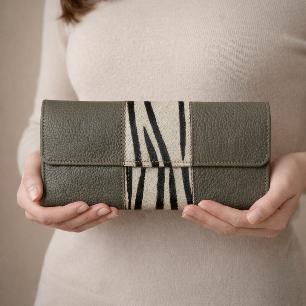 Cowhide & Leather Clutch Wallet – Handmade Zebra Pattern – 03