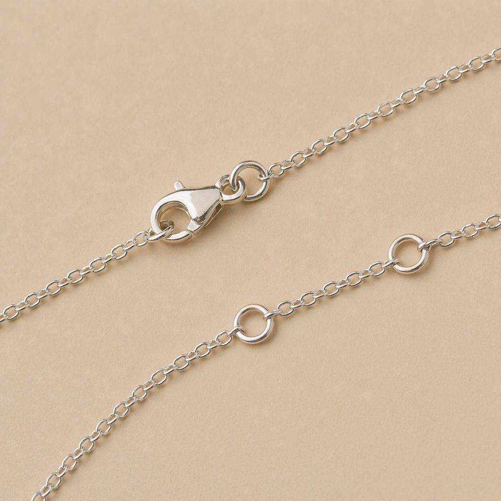 Silver necklace chain with clasp on a beige background