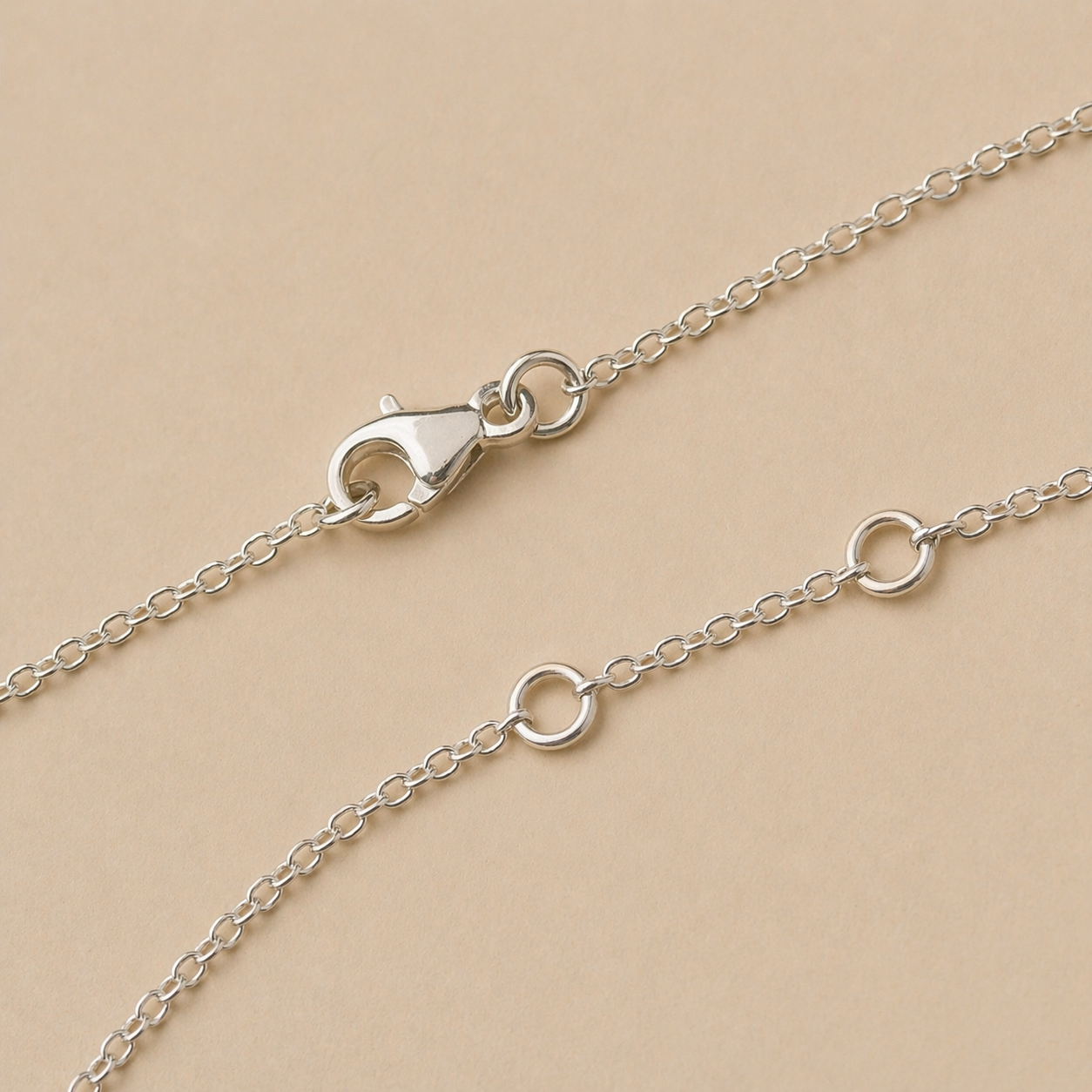 Silver necklace chain with clasp on a beige background
