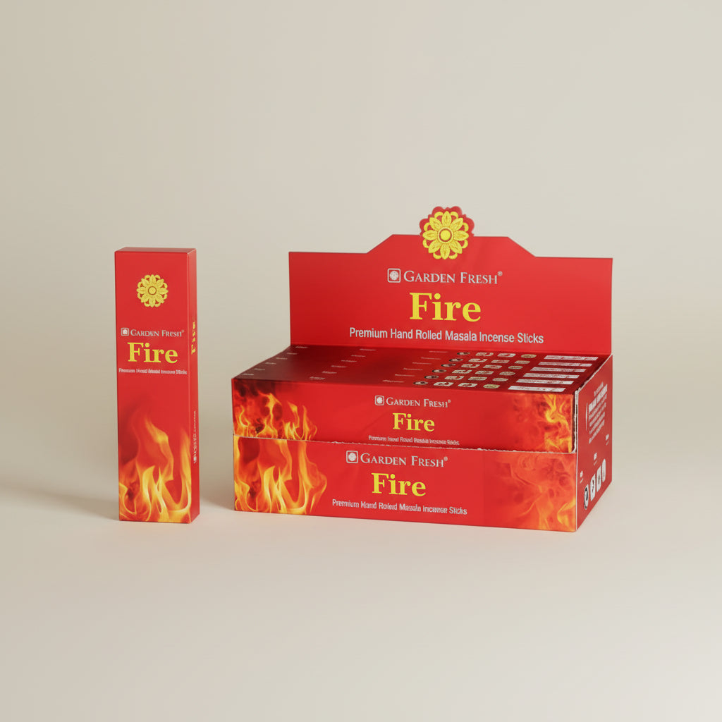 Red boxes of Garden Fresh Fire incense sticks on a white background