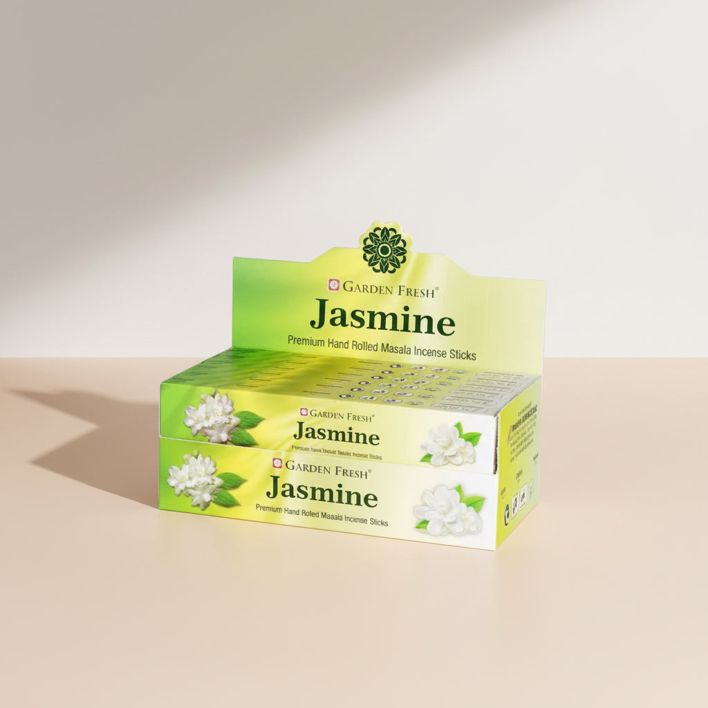Two boxes of Garden Fresh Jasmine incense sticks on a white background
