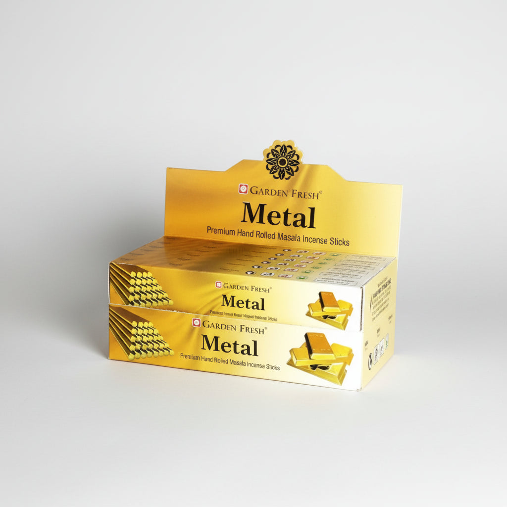 Two boxes of Garden Fresh Metal incense sticks on a white background