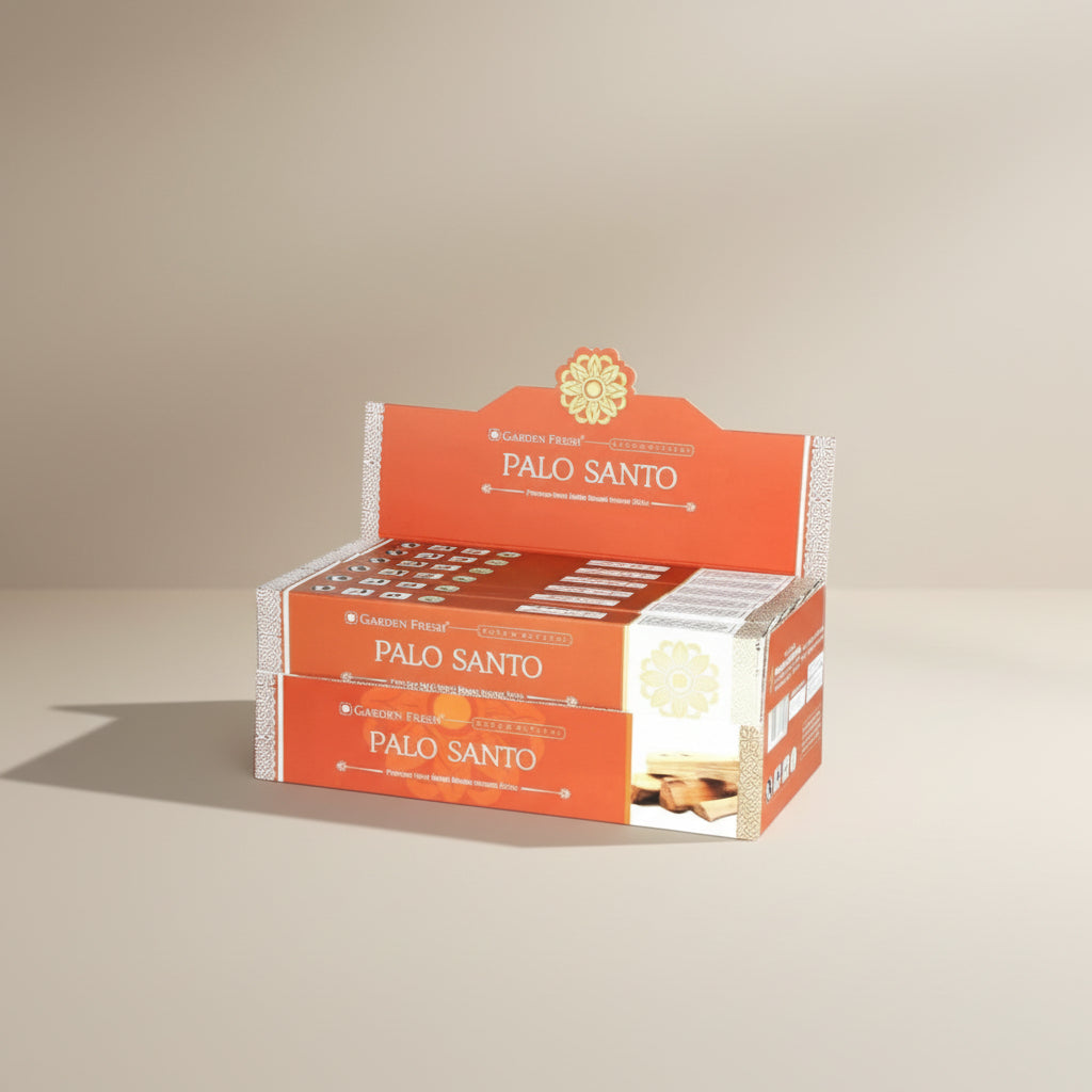 Palo Santo incense boxes with a display stand on a white background