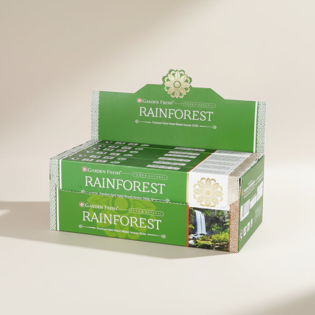 Green boxes of Rainforest brand on a white background