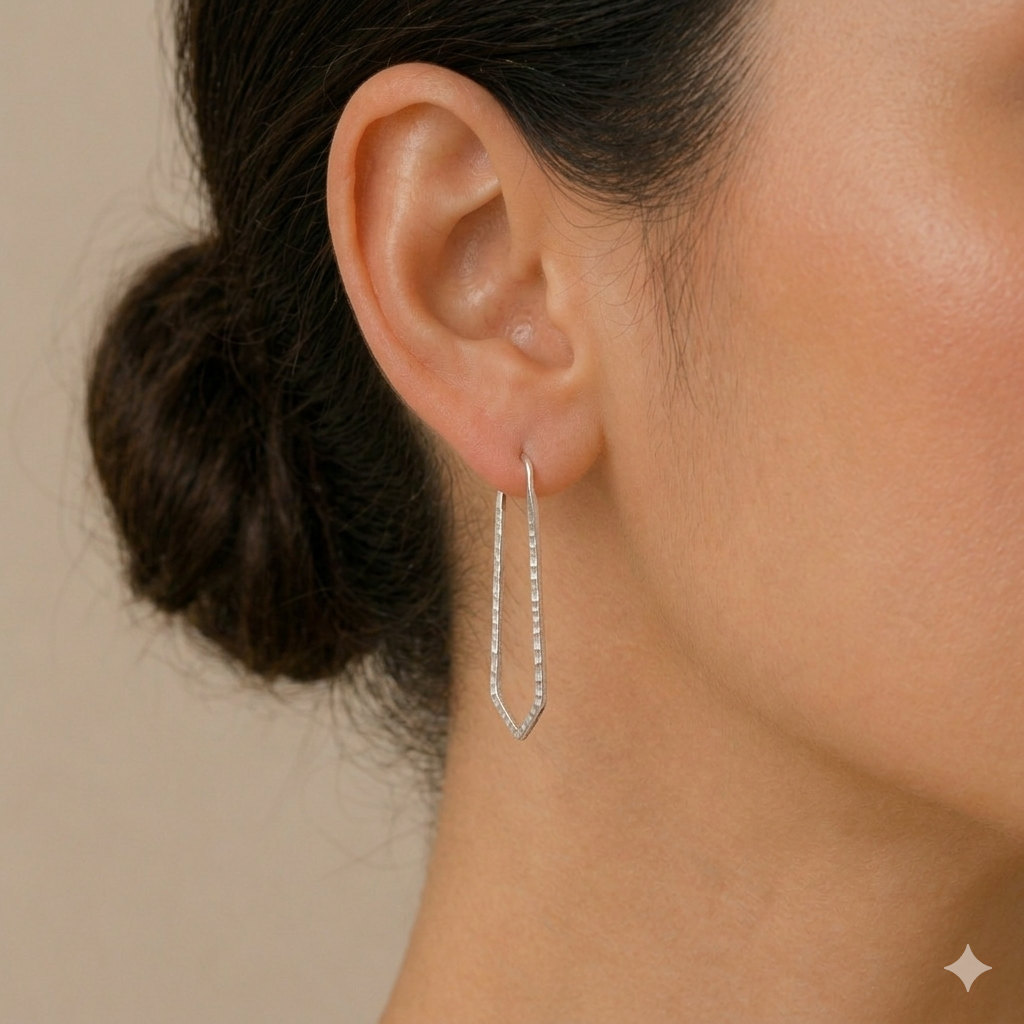 Elongated Sterling Silver Geometric Hook Earrings