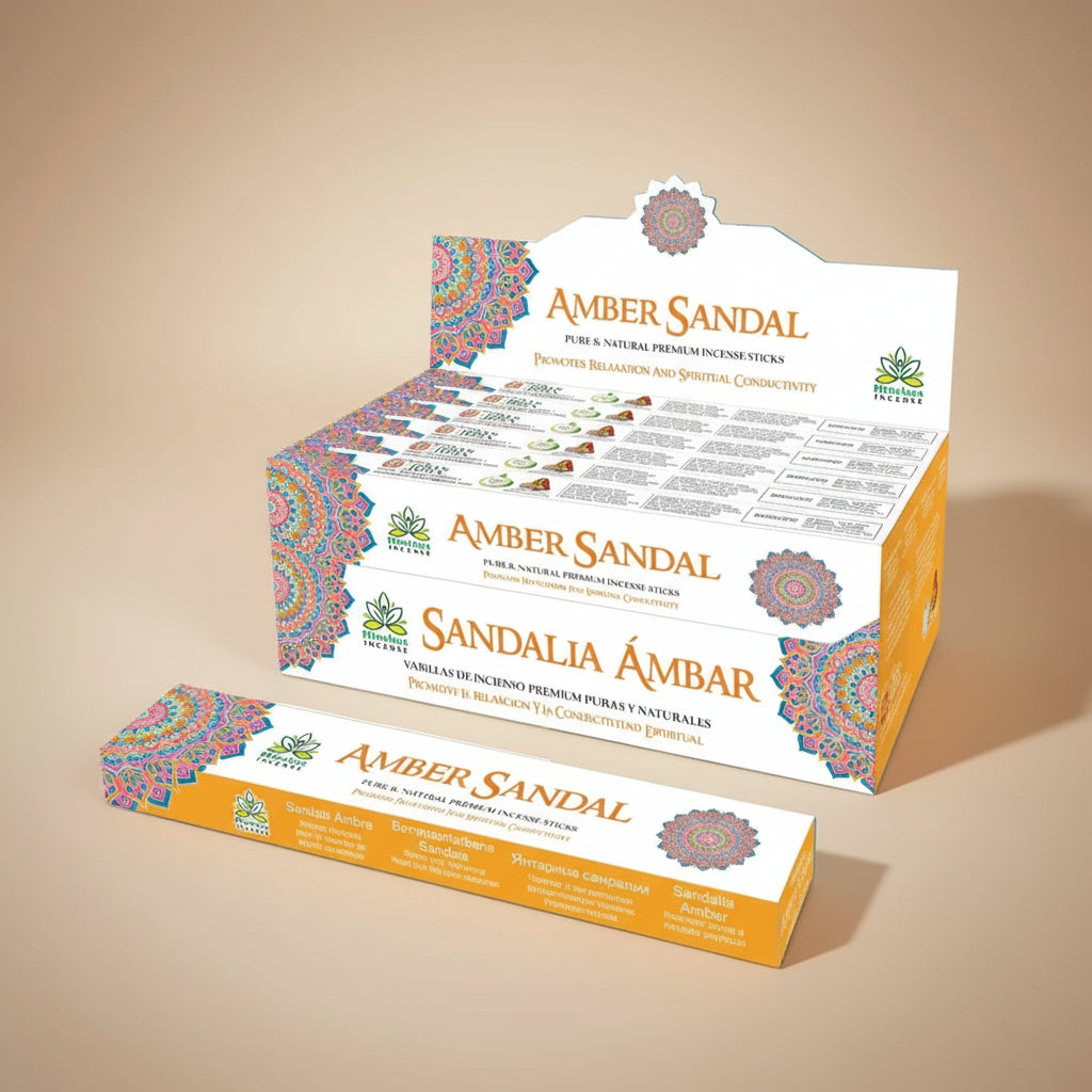 Himalaya Amber Sandal incense packaging with product details on a white background