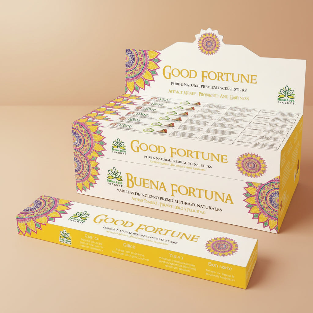 Himalaya Good Fortune incense packaging with product details on a green background