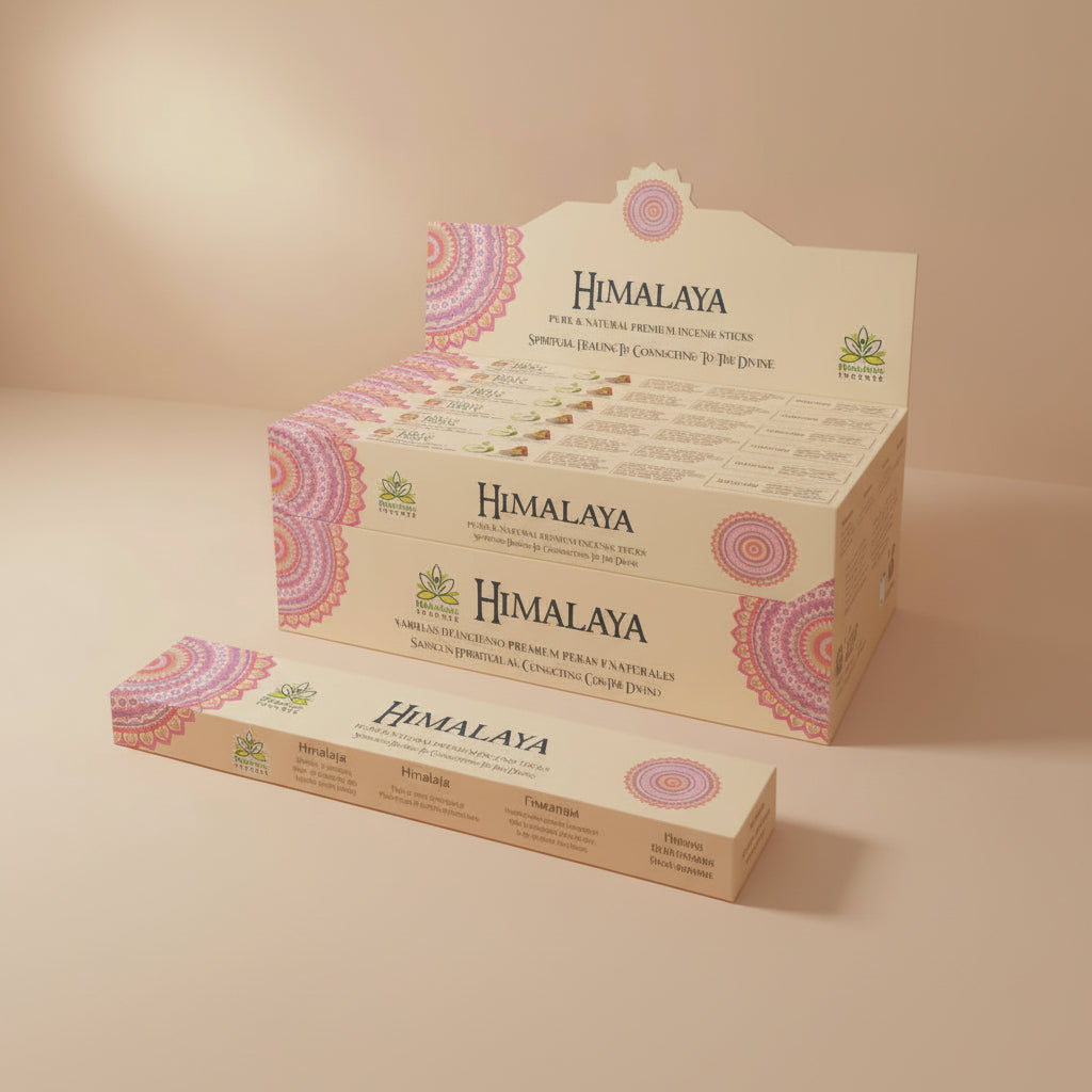 Himalaya Incense packaging with product details on a pink background