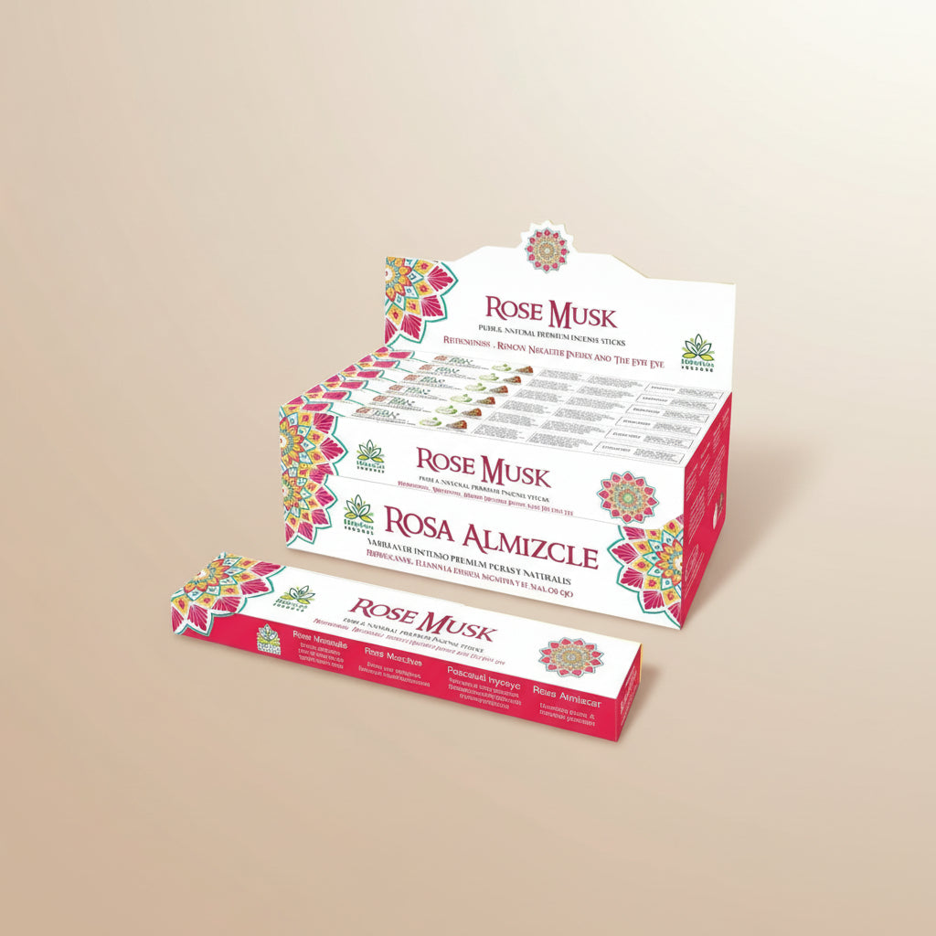 Himalaya Rose Musk incense packaging on a yellow background