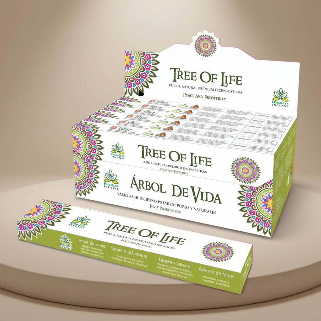 Himalaya Tree of Life incense packaging on a pink background