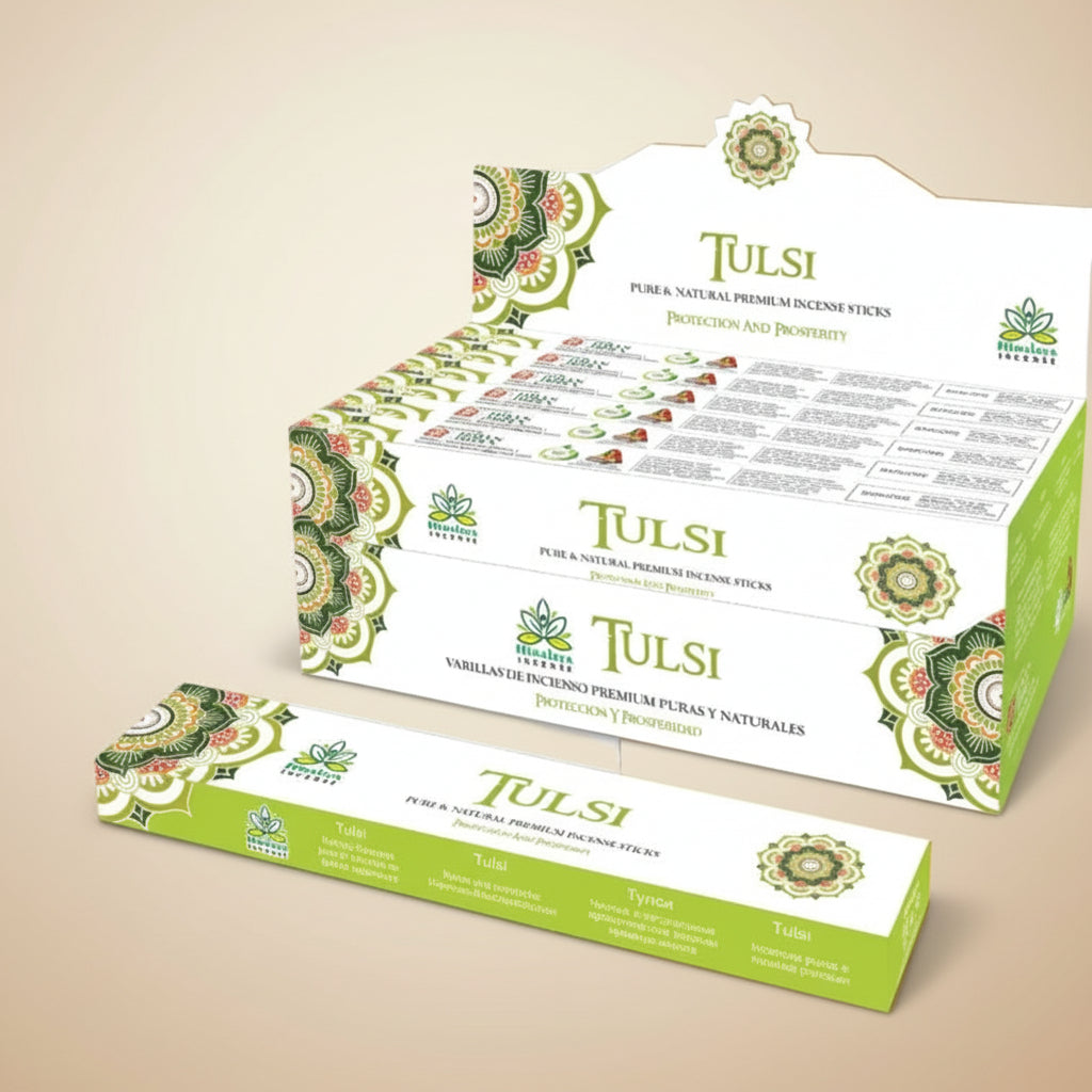 Himalaya Tulsi incense packaging with product details on a white and orange background
